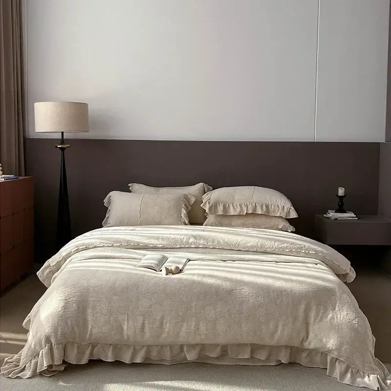 Vintage cream linen bedding set with jacquard lace ruffles bedroom