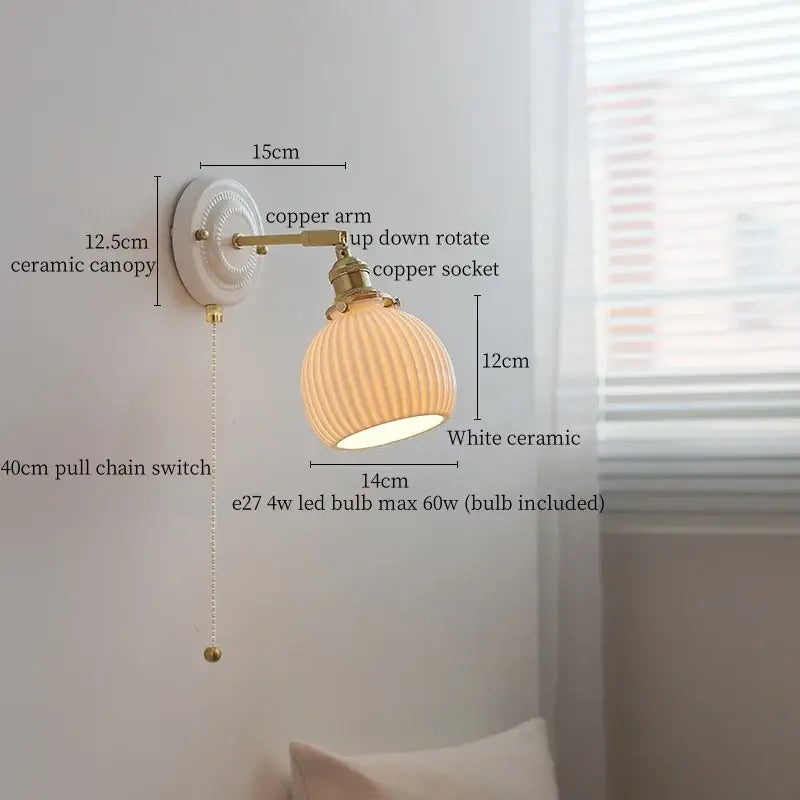 Vintage cream ribbed glass ceramic led wall lamp bedroom light