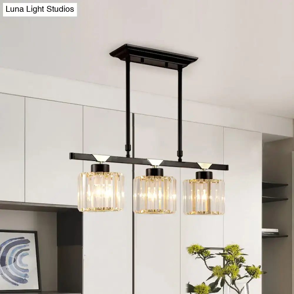 Vintage crystal pendant dining room light with 3 black metal heads