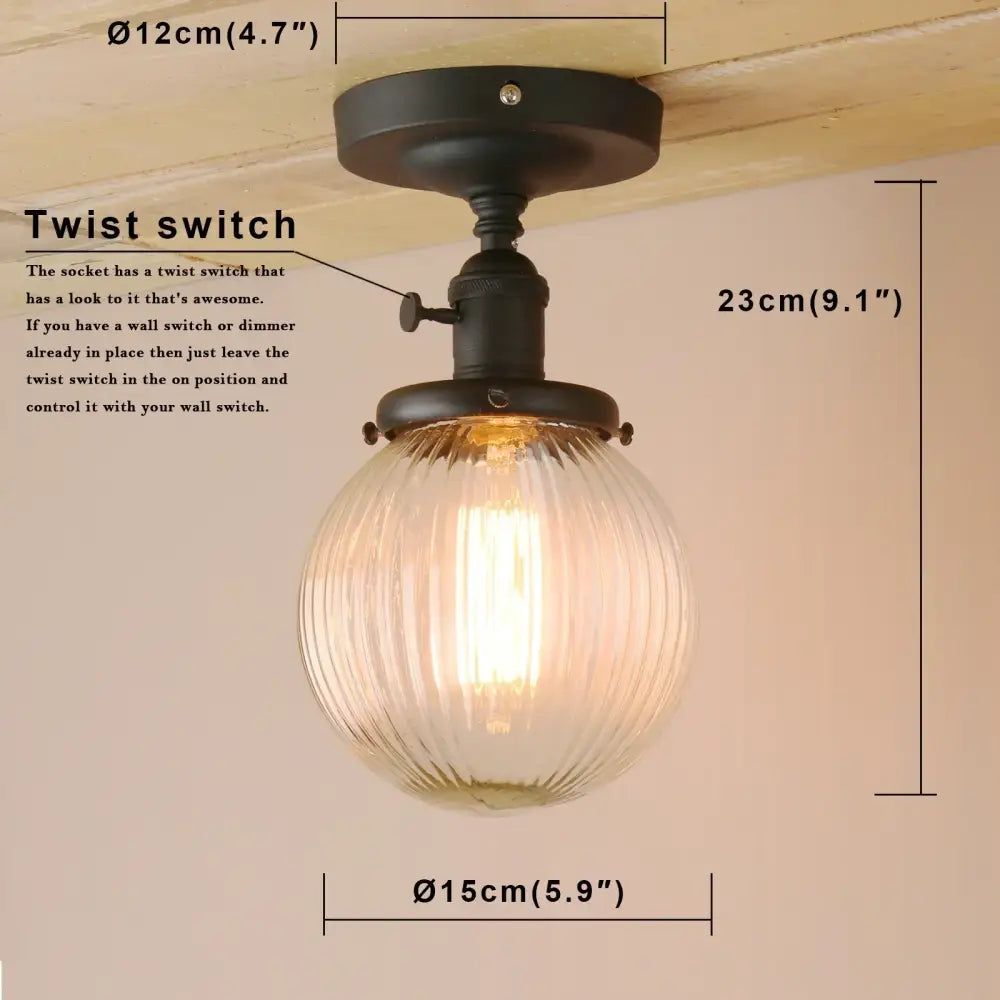 Vintage dark bronze ribbed glass globe semi flush mount ceiling light bedroom