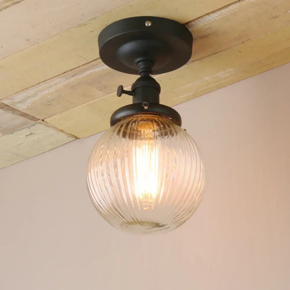 Vintage dark bronze ribbed glass globe semi flush mount ceiling light bedroom