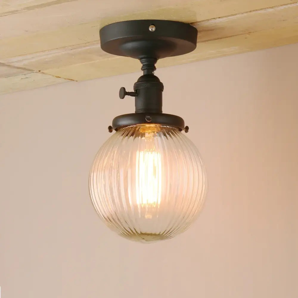 Vintage dark bronze ribbed glass globe semi flush mount ceiling light bedroom