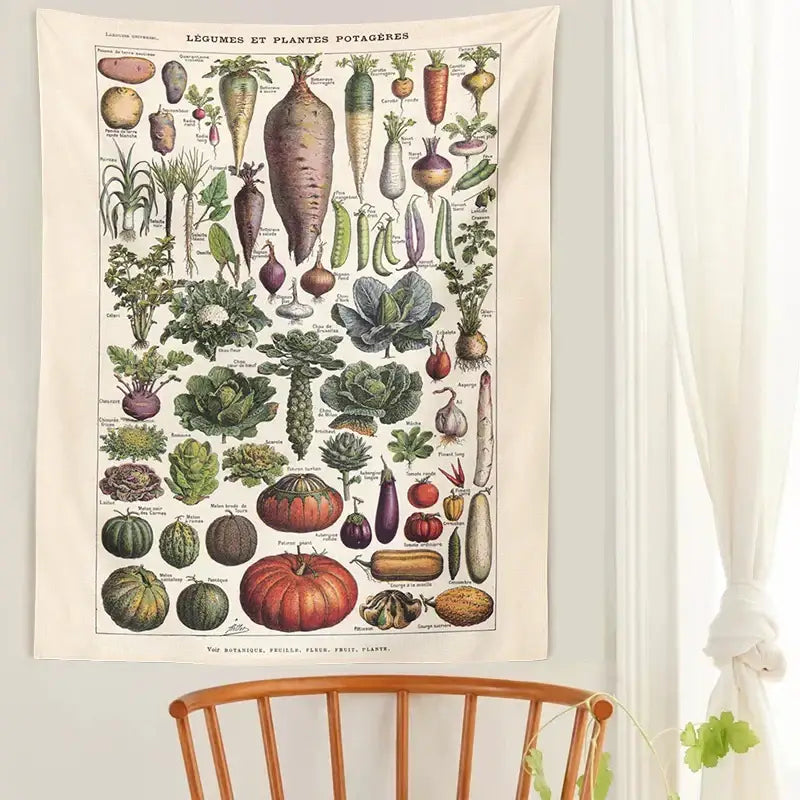 Vintage earth tone botanical plant chart tapestry kitchen wall art