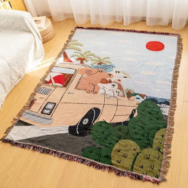 Vintage earth tone world map bohemian cotton plaid sofa blanket living room