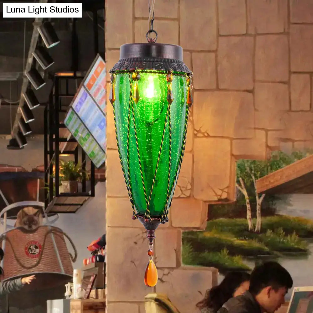 Vintage emerald green glass pendant light dining room amber beads