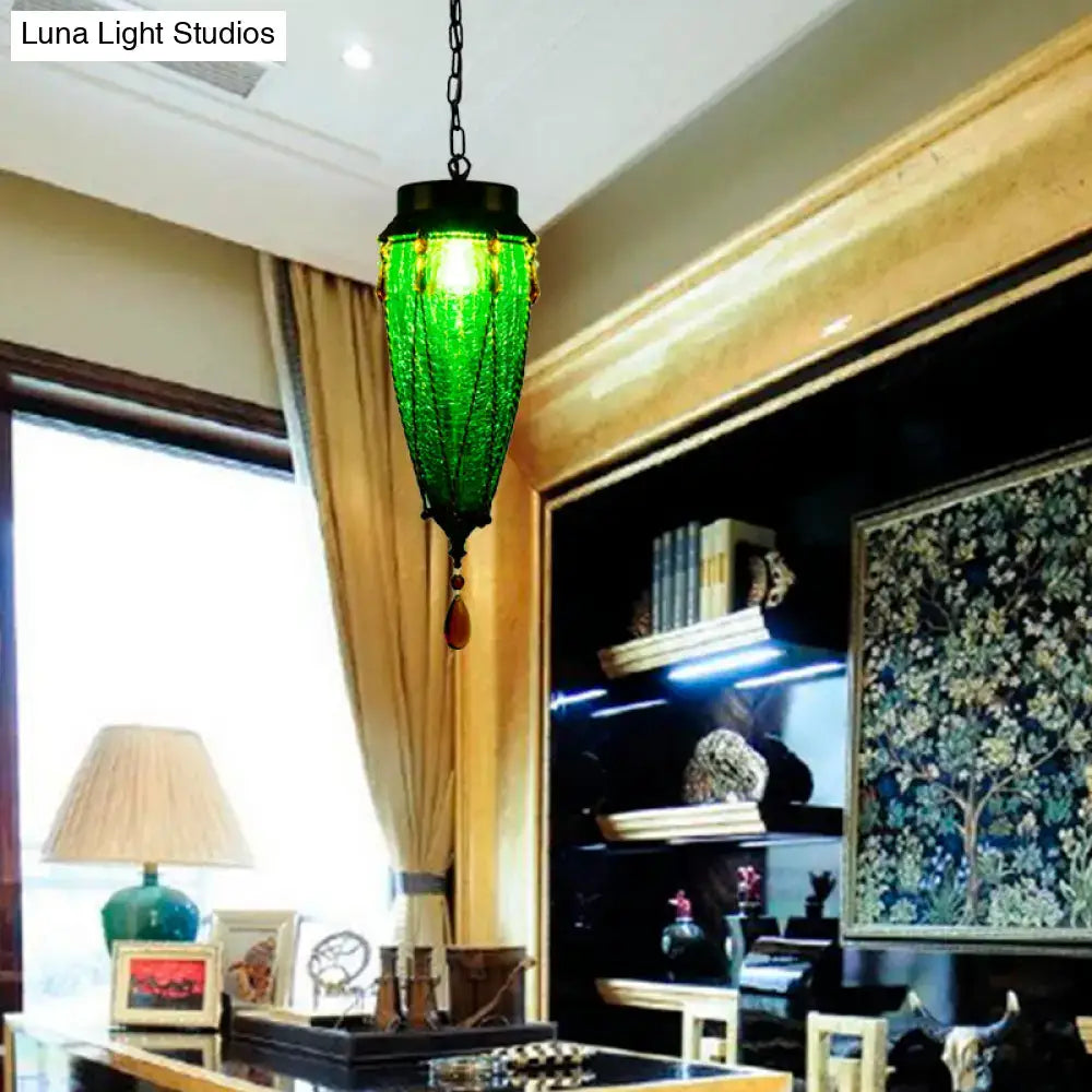 Vintage emerald green glass pendant light dining room amber beads