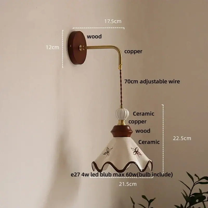 Vintage floral ceramic led wall light bedroom wood pull chain