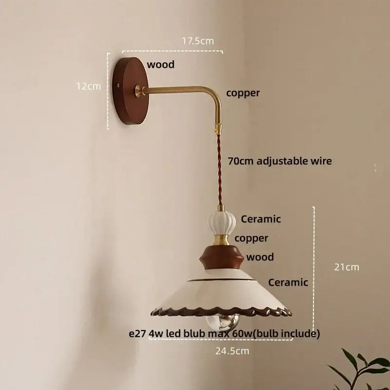 Vintage floral ceramic led wall light bedroom wood pull chain