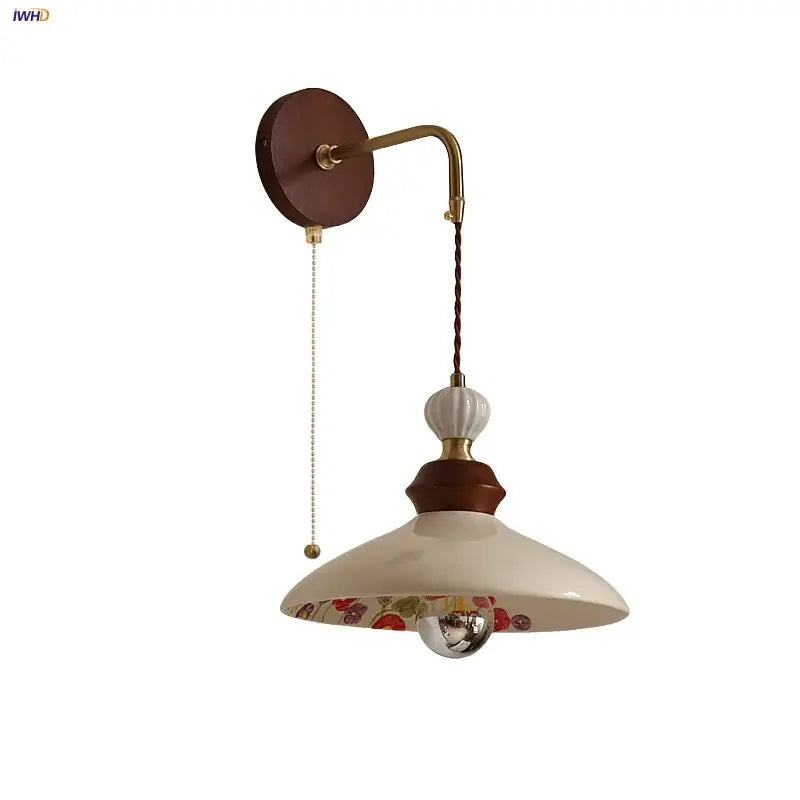 Vintage floral ceramic led wall light bedroom wood pull chain