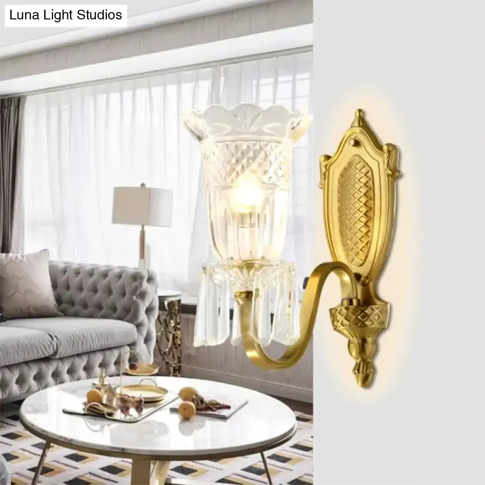 Vintage floral gold wall light bedroom crystal prism lamp