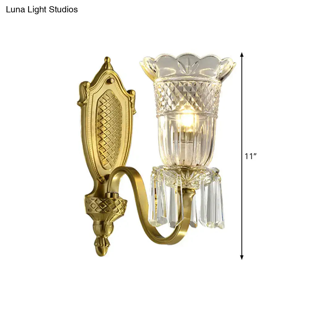 Vintage floral gold wall light bedroom crystal prism lamp