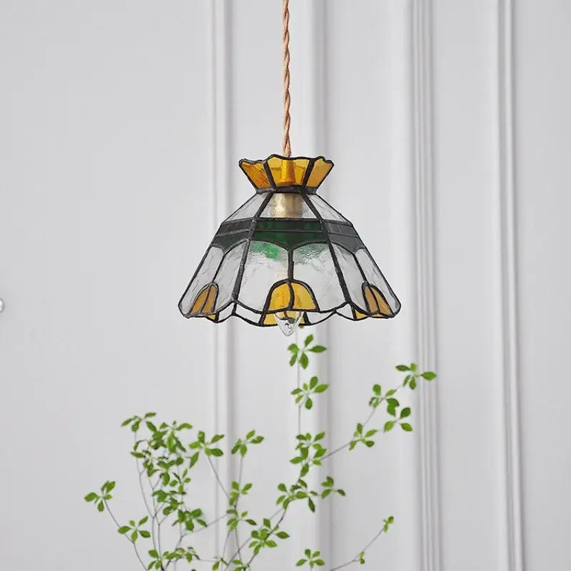 Vintage floral stained glass brass pendant lamp for dining room