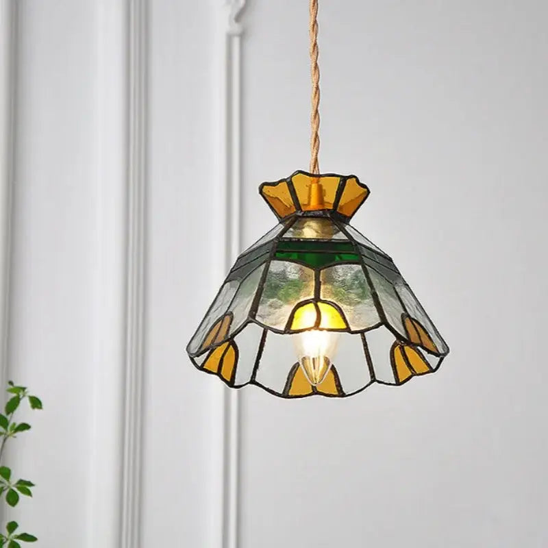 Vintage floral stained glass brass pendant lamp for dining room