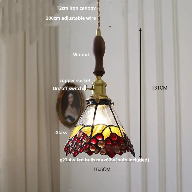 Vintage floral stained glass brass pendant lamp for dining room