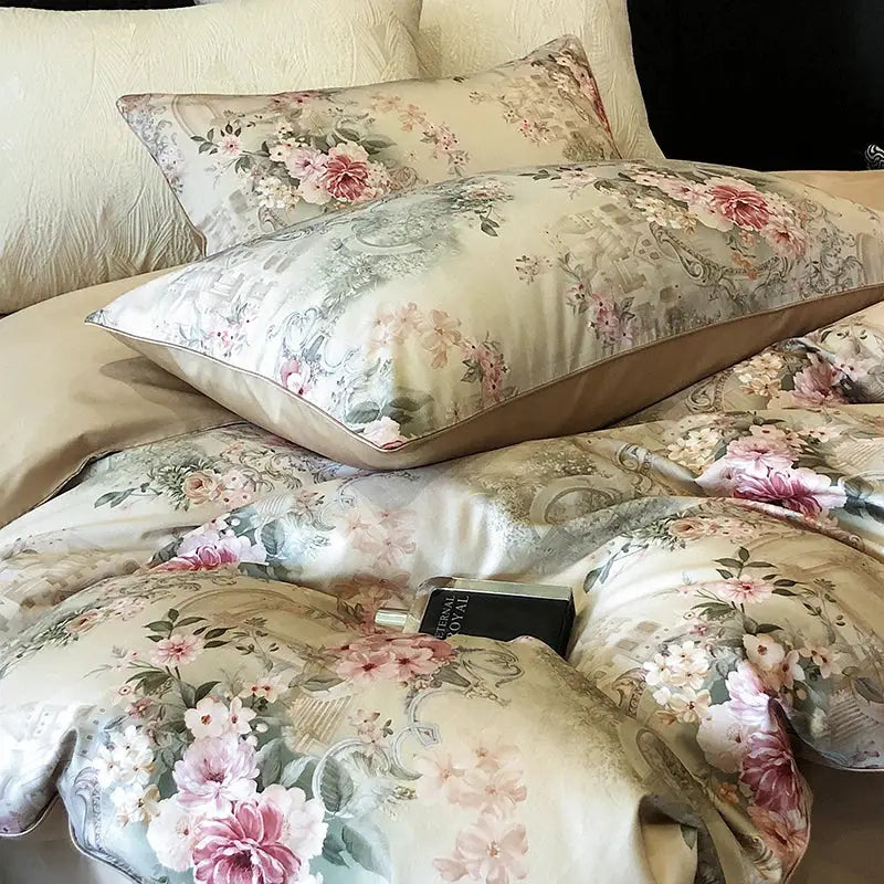 Vintage flowers print cream satin bedding set bedroom duvet cover