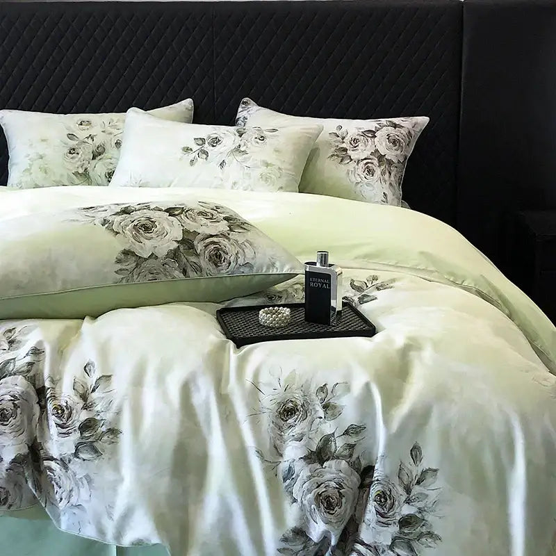 Vintage flowers print cream satin bedding set bedroom duvet cover