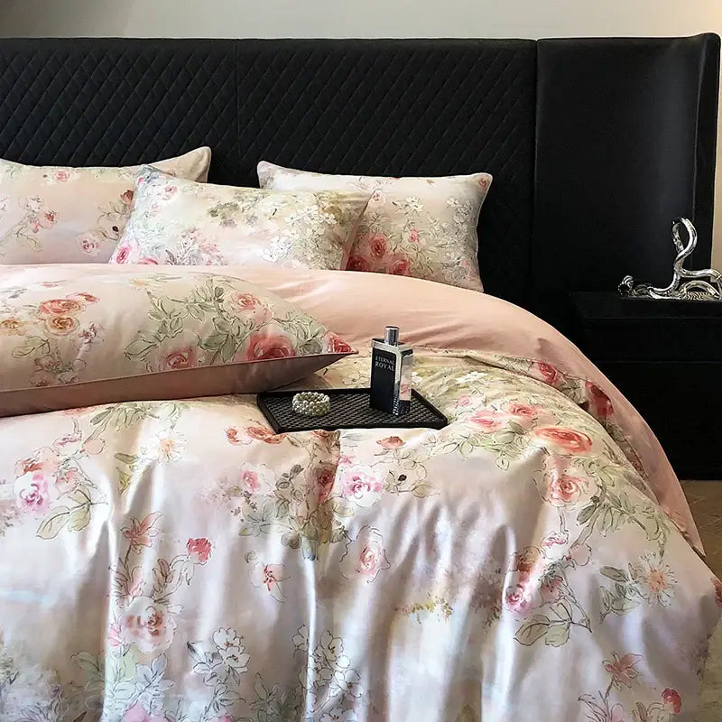 Vintage flowers print cream satin bedding set bedroom duvet cover