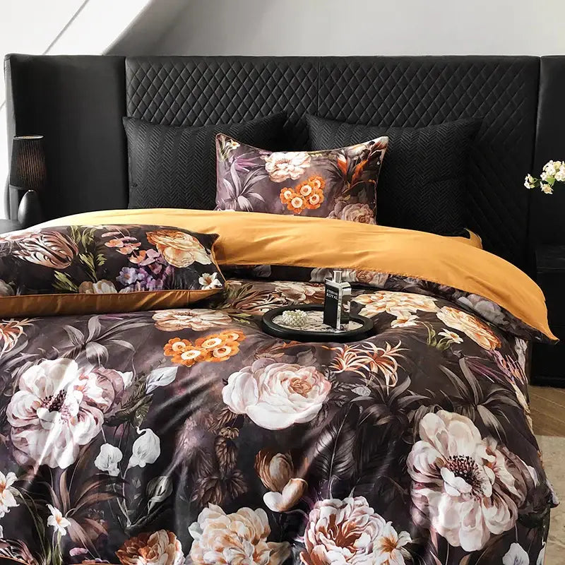 Vintage flowers print cream satin bedding set bedroom duvet cover