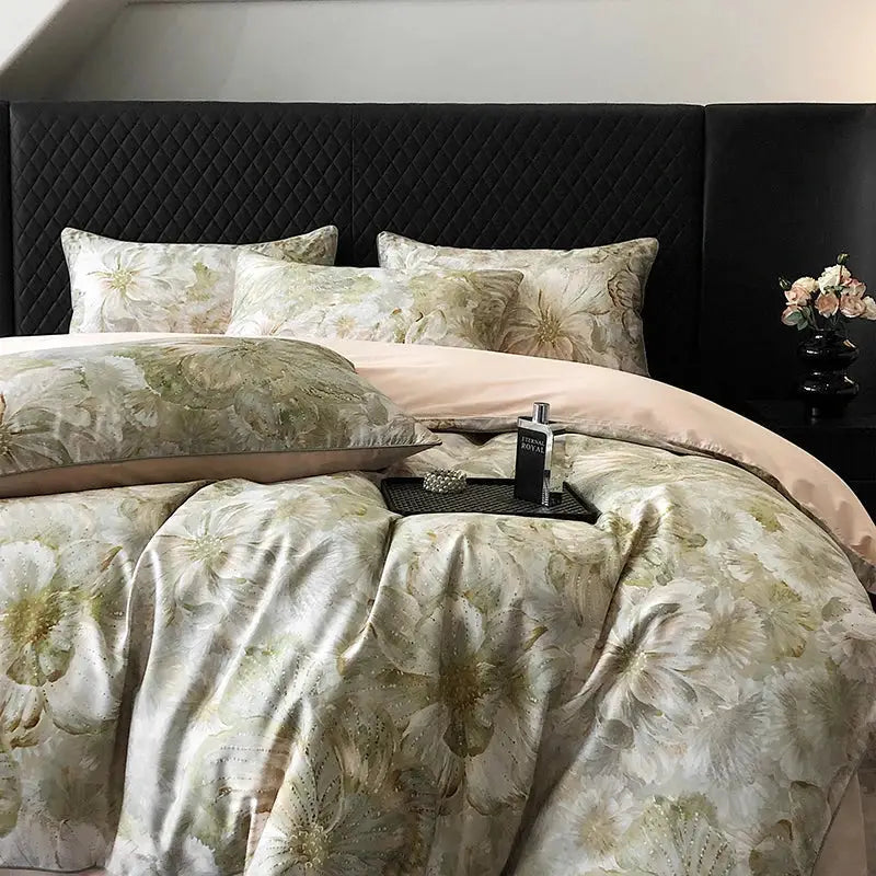 Vintage flowers print cream satin bedding set bedroom duvet cover