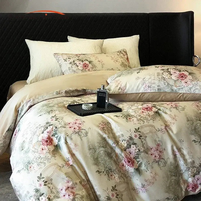 Vintage flowers print cream satin bedding set bedroom duvet cover