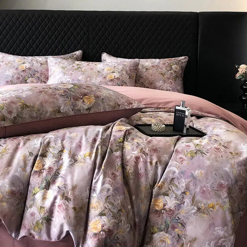 Vintage flowers print cream satin bedding set bedroom duvet cover