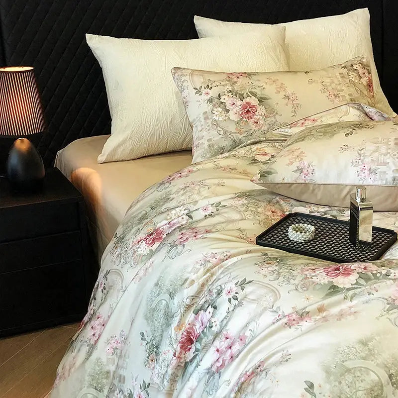 Vintage flowers print cream satin bedding set bedroom duvet cover
