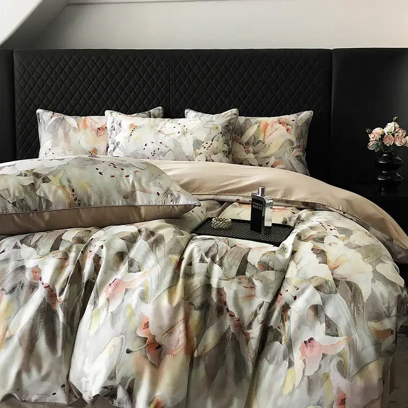 Vintage flowers print cream satin bedding set bedroom duvet cover