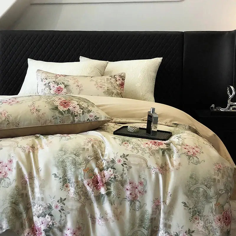Vintage flowers print cream satin bedding set bedroom duvet cover