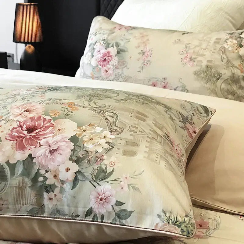 Vintage flowers print cream satin bedding set bedroom duvet cover