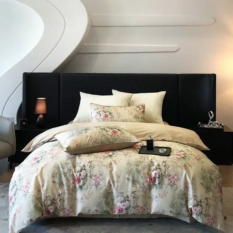 Vintage flowers print cream satin bedding set bedroom duvet cover