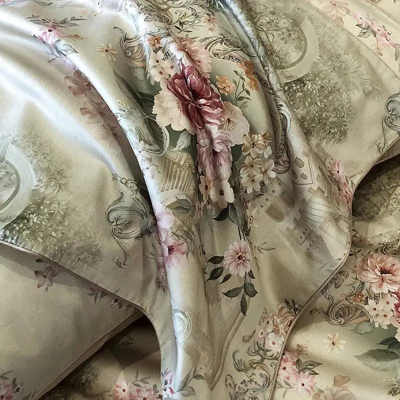 Vintage flowers print cream satin bedding set bedroom duvet cover