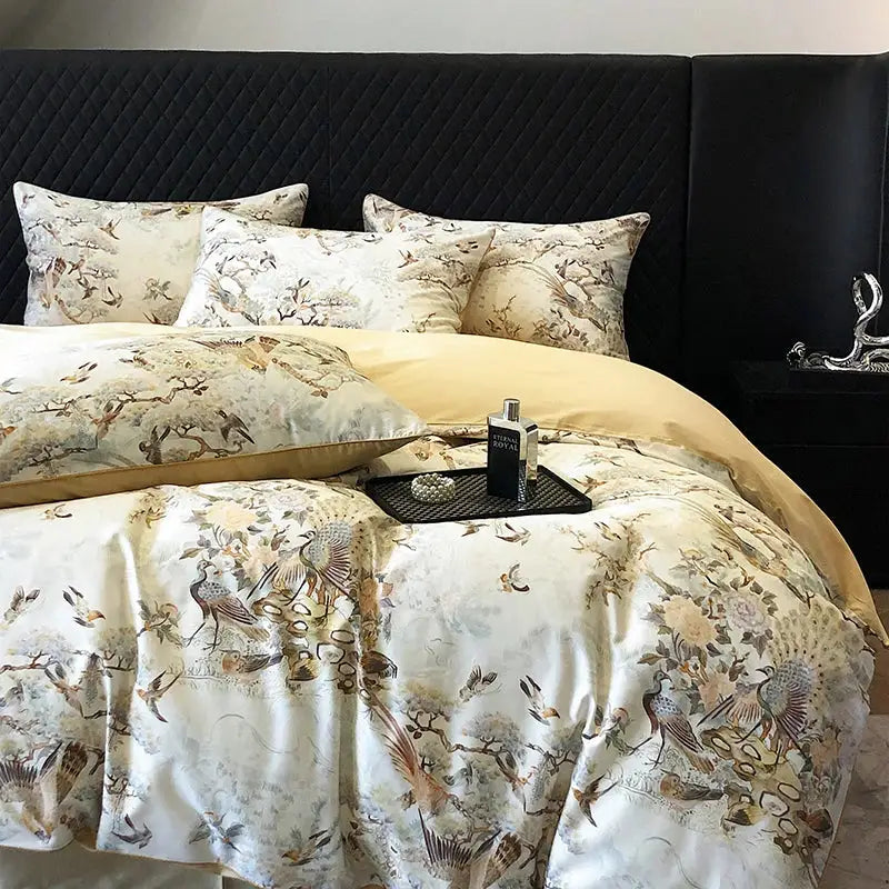 Vintage flowers print cream satin bedding set bedroom duvet cover