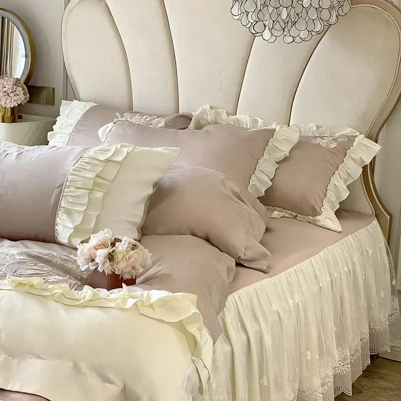 Vintage french beige & cream floral bedding set bedroom ruffles
