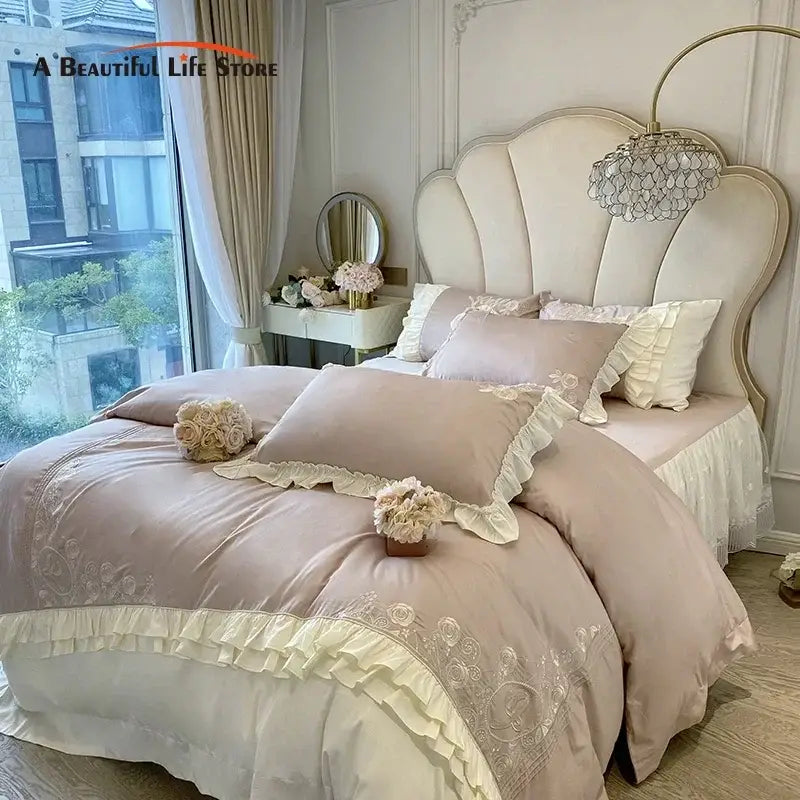 Vintage french beige & cream floral bedding set bedroom ruffles