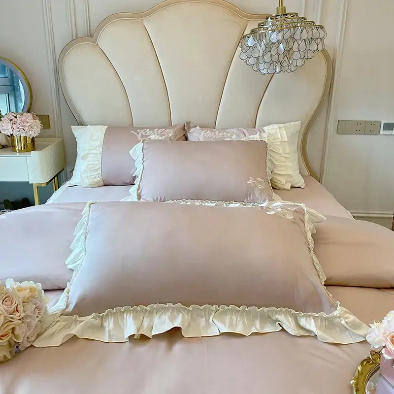 Vintage french beige & cream floral bedding set bedroom ruffles