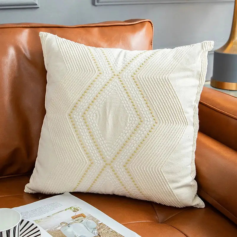 Vintage geometric ivory cushion cover living room gold embroidery