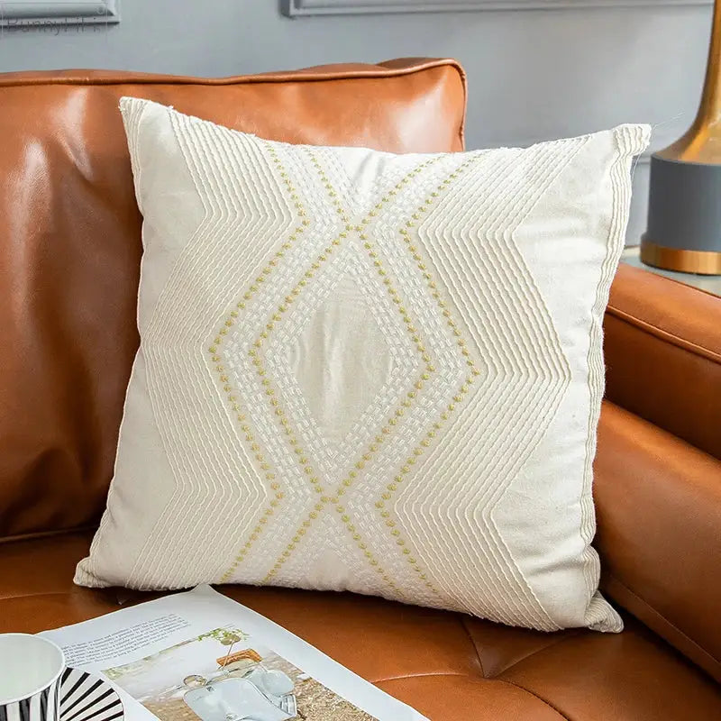 Vintage geometric ivory cushion cover living room gold embroidery