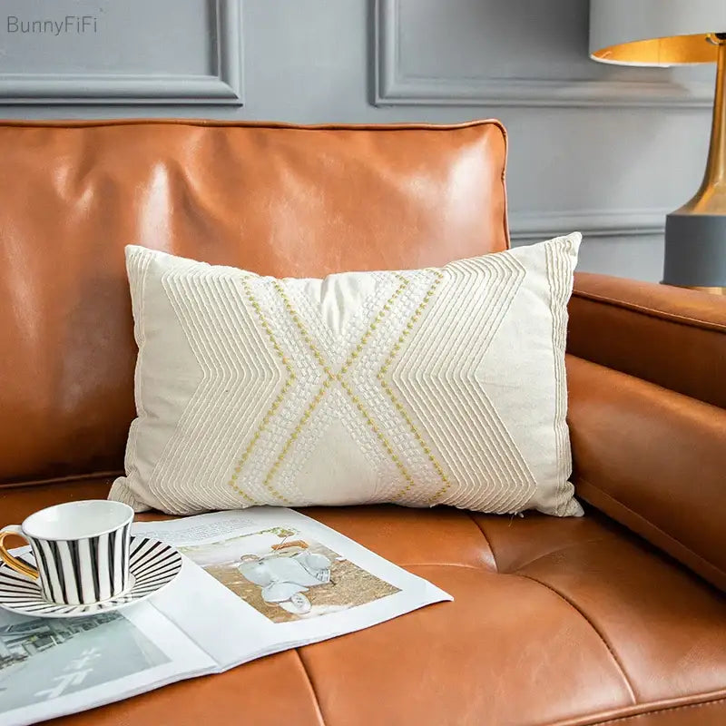Vintage geometric ivory cushion cover living room gold embroidery