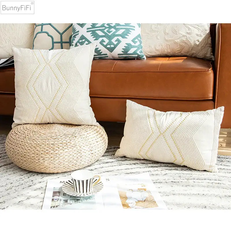 Vintage geometric ivory cushion cover living room gold embroidery