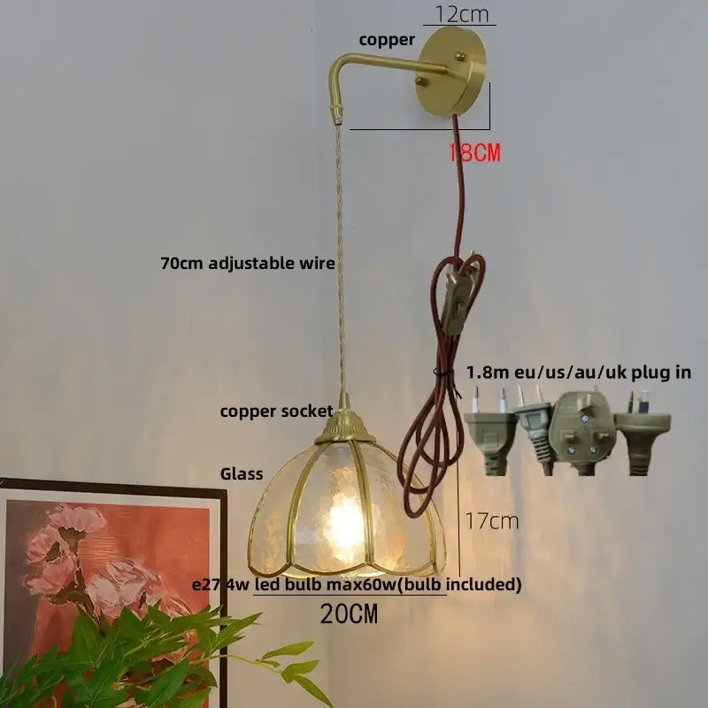 Vintage glass brass led wall sconce with pull chain for bedroom