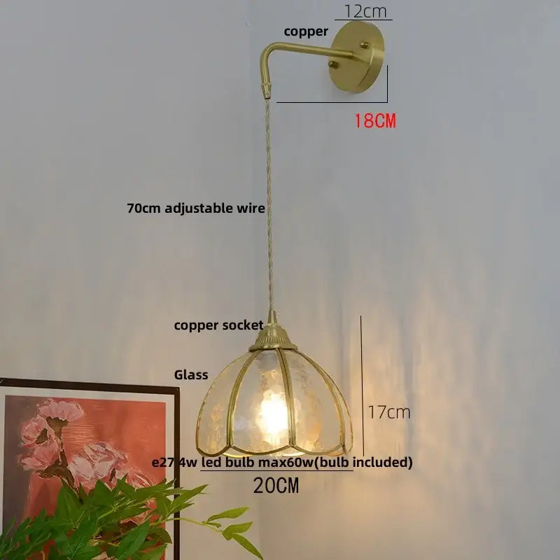 Vintage glass brass led wall sconce with pull chain for bedroom