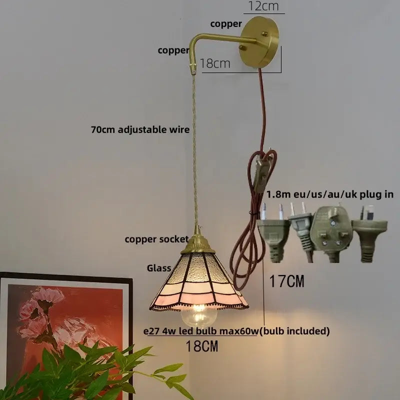 Vintage glass brass led wall sconce with pull chain for bedroom