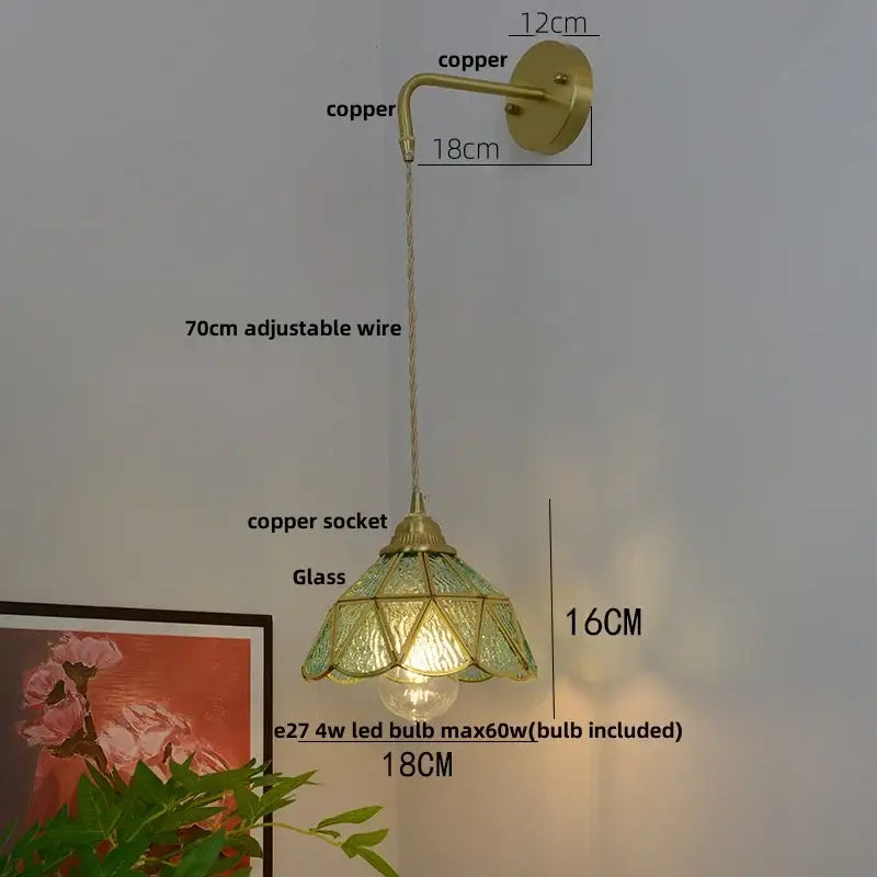 Vintage glass brass led wall sconce with pull chain for bedroom