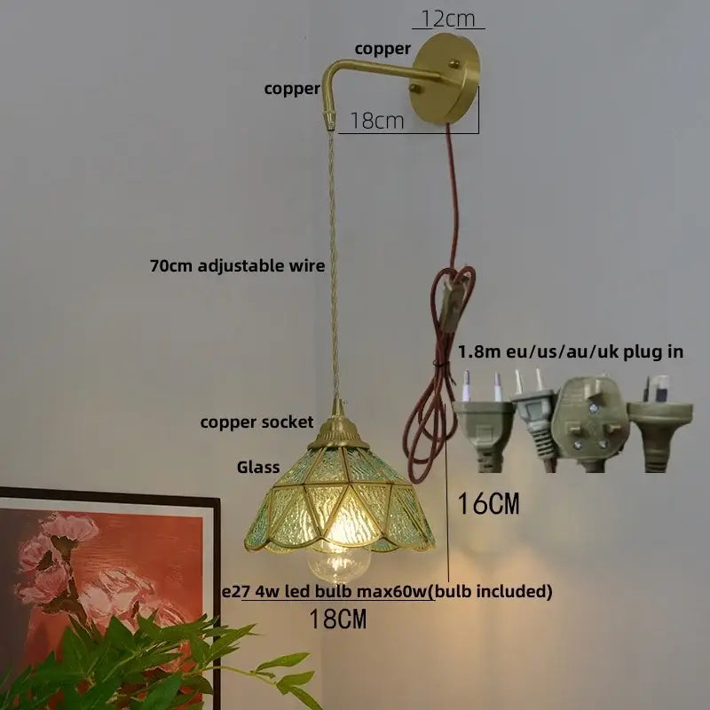 Vintage glass brass led wall sconce with pull chain for bedroom