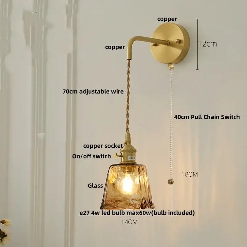 Vintage gold and amber glass led wall light bedroom sconce