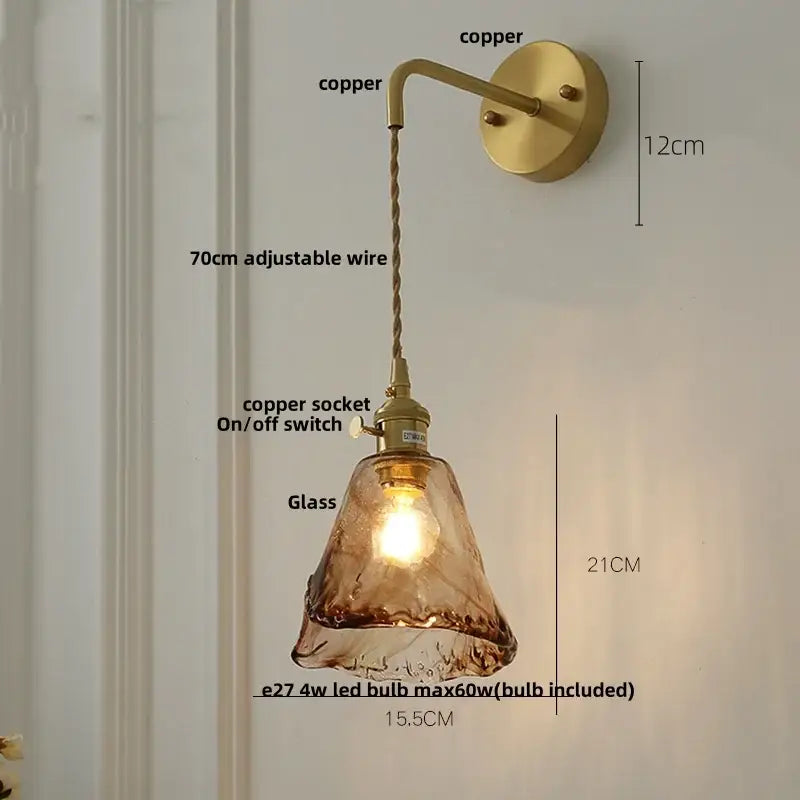 Vintage gold and amber glass led wall light bedroom sconce