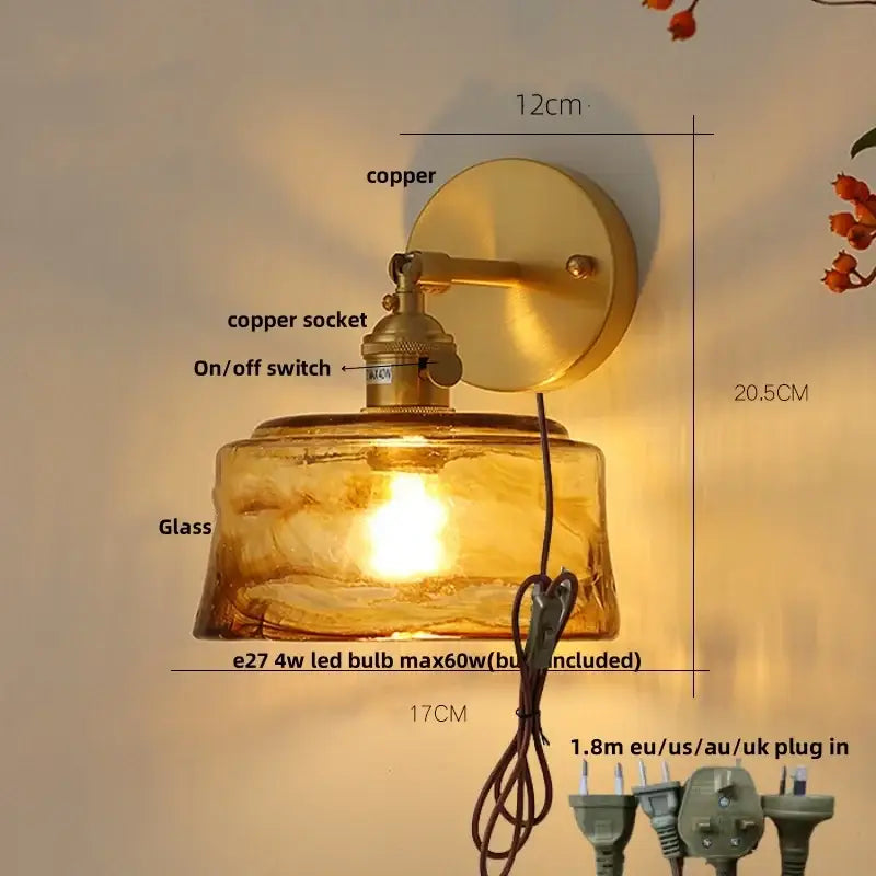 Vintage gold and amber glass led wall light bedroom sconce