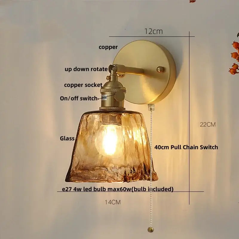 Vintage gold and amber glass led wall light bedroom sconce