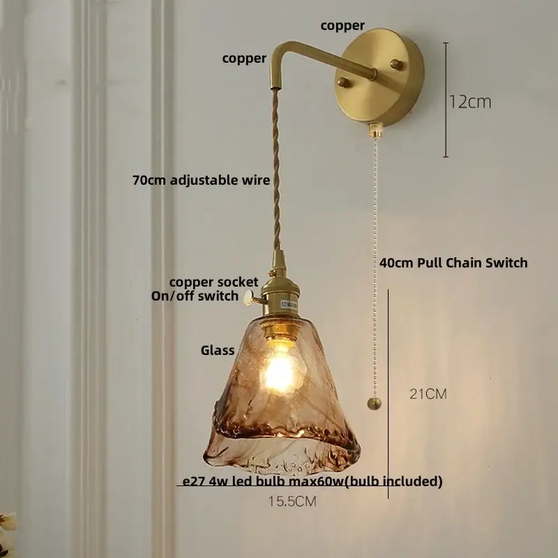 Vintage gold and amber glass led wall light bedroom sconce