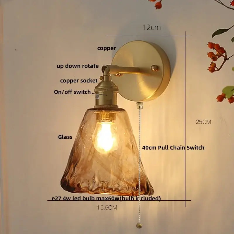 Vintage gold and amber glass led wall light bedroom sconce